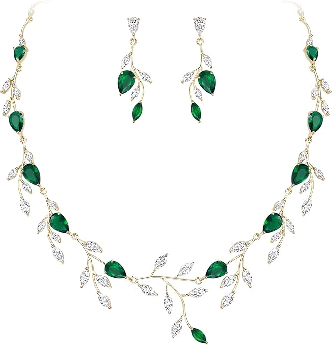 EVER FAITH Wedding Jewelry for Bride Women Bridesmaid, Sparkly Cubic Zirconia Pear-Shaped Birthstone Leaf Necklace Earrings Set for Prom
