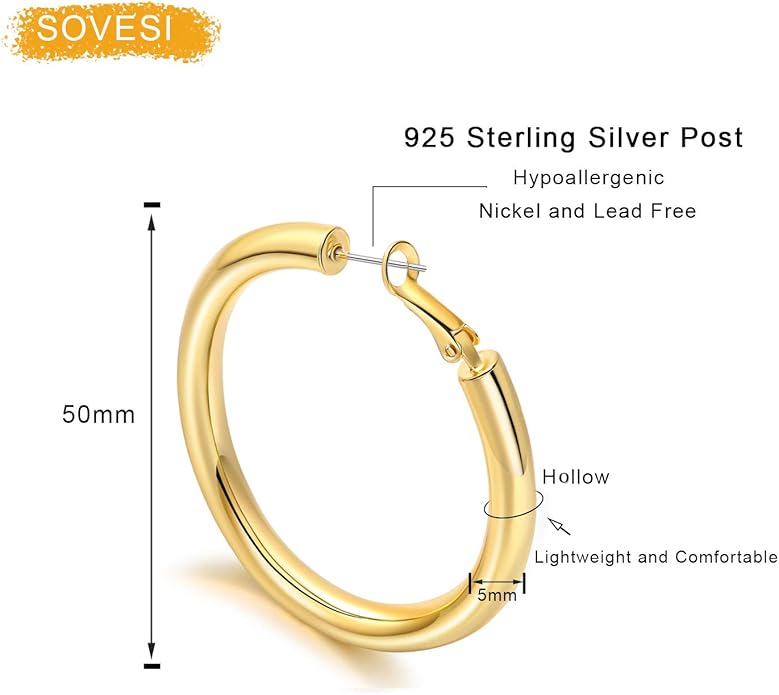 sovesi Chunky Gold Hoop Earrings for Women with 925 Sterling Silver Post, 14K Gold Plated Small Thick Gold Hoops Earrings for Women