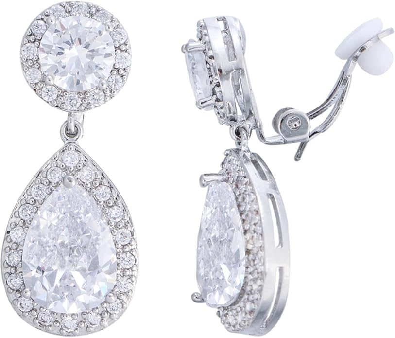 Elegant Cubic Zirconia Long Clip-On Earrings, Teardrop Crystal Dangle Design, Non-Pierced Ears, Wedding Bridal Party Jewelry