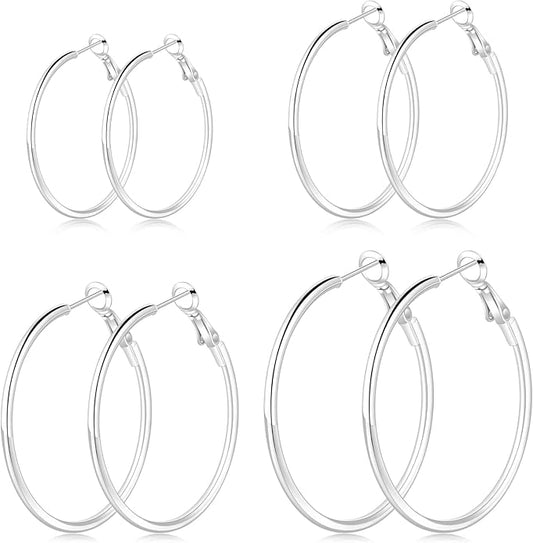 4/6 Pairs Gold Silver Hoop Earrings for Women 14K Gold Plated Hypoallergenic 2mm Thin Hoops Stainless Steel Lightweight Dangle Set 30/40/50/60mm