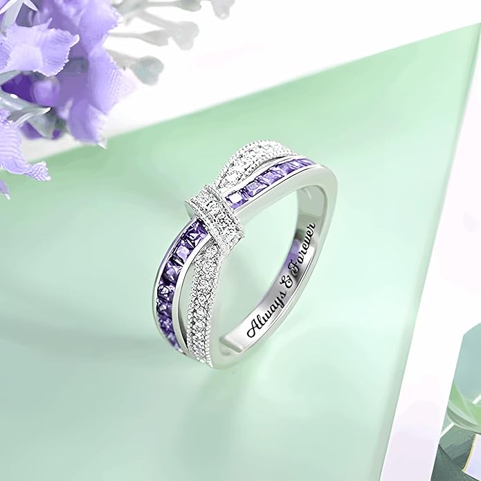 Silver Rings Personalized Engraved Cross-Finger Birthstone Ring Sterling Silver 925 Promise Ring for Her Wedding Band Ring Engagement Ring