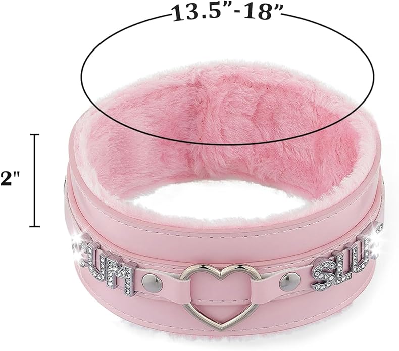Pink Furry Heart O-ring Leather Choker Collar For Women, Handmade Punk Gothic Letter Necklace Adjustable Fashion Jewelry