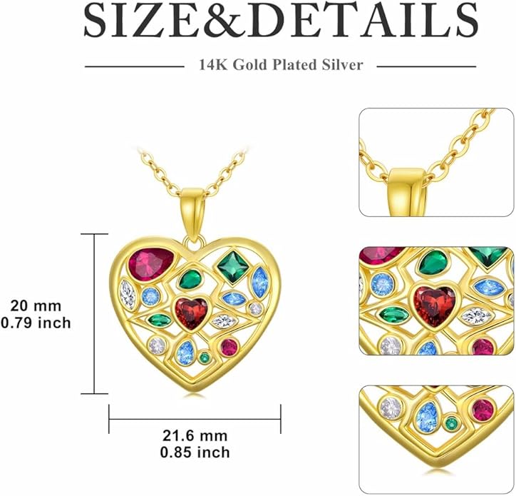 Gemstone Necklaces for Women 14K Yellow Gold Plated Silver Colorful Pendant Necklace Multicolor Cubic Zirconia Heart Pearshaped Jewelry for Mother Wife Daughter