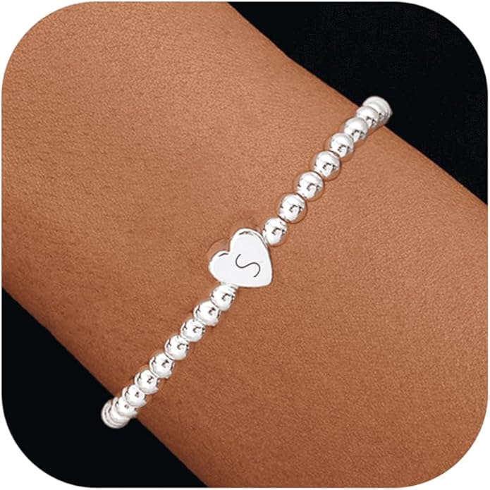 Valentines Day Gifts for Women Her - Dainty Beaded Heart Initial Bracelets Letter A-Z Charm Stretch Bead Ball Bracelet Trendy Jewelry Gifts