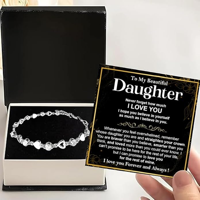 To My Daughter Bracelet, Silver Heart Chain Bracelet with Shiny Stones, Perfect Birthday or Graduation Christmas Gift for Daughter with Message Card and Gift Box