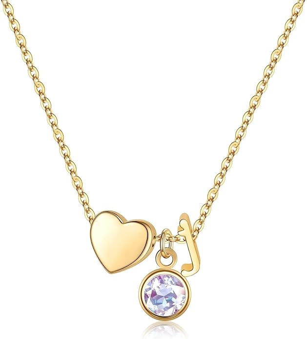 Ursilver Initial Birthstone Necklace for Women - Heart Initial Birthstone Pendant Necklace Personalized Gifts Birthday Gifts for Women