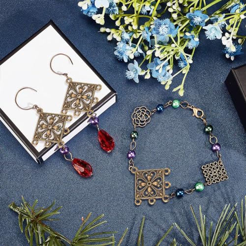 SUNNYCLUE 1 Box 72Pcs 12 Styles Filigree Connector Charms Flower Alloy Hollow Links Teardrop Square Oval Moon Shape Filigree Metal Embellishments for Crafts Supplies, Antique Bronze - color: 72pcs 12 Styles