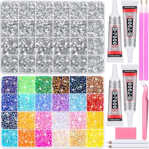40000Pcs Resin Rhinestones with B7000 Jewelry Glue for Bedazzling Crafting, Rainbow Crystals Flat Back Gems with Craft Adhesive for DIY Graduation Cap Clothes Tumblers Shoes Nails and Face - size: 2mm-6mm
