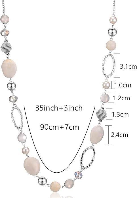 BULINLIN Beaded Long Necklace for Women Silver Sweater Chain Necklace with Crystal Resin Beads, Fashion Jewelry Necklace