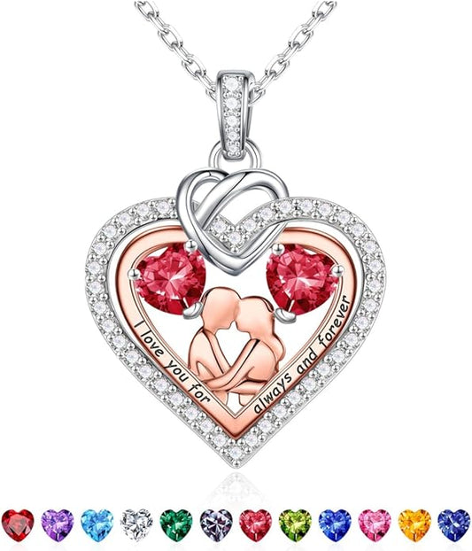 Iefil Valentines Day Gifts for Her - 925 Sterling Silver Double Heart Birthstone Necklace for Women, Anniversary Birthday Gifts for Wife I Love You Gift Couple Sitting Hugging Each Other Jewelry Gift