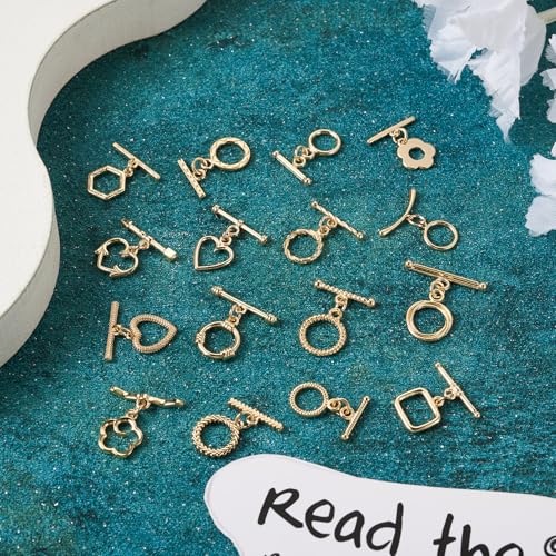 32 Pcs Gold Toggle Clasps Brass OT Toggle Jewelry Clasps Heart & Flower & Round Ring T-Bar Closure Clasp Fastener IQ End Connectors for DIY Necklace Bracelet Jewelry Making - color: Golden-Mix Styles