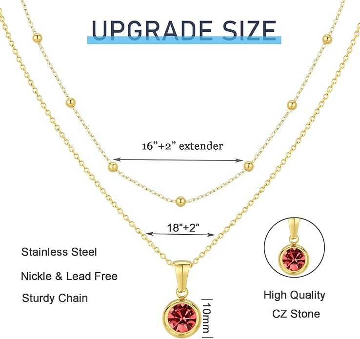 14K Gold-Plated Women's Double-Layer Birthstone Necklace Delicate Round Birthstone Pendant with a Simple Necklace, a Birthday Gift for Women Teenage Girls