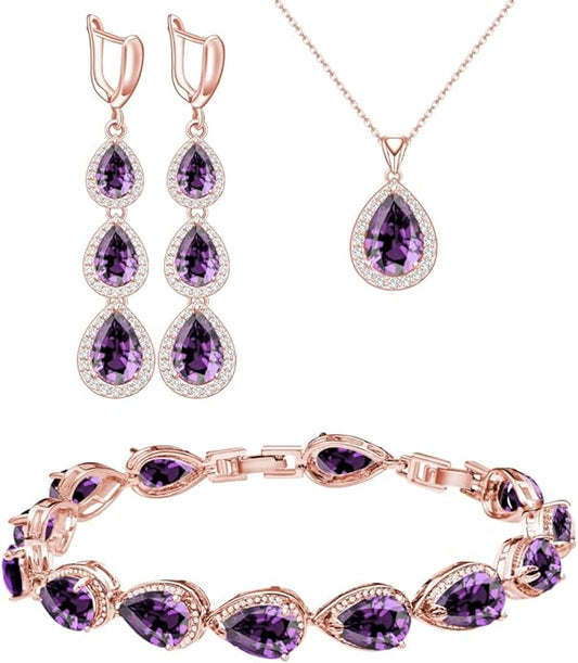 LMXXVJ Necklace Long Earrings Bracelet Set, White Gold Plated Created Blue Sapphire Jewelry Set Wedding Party Gift Jewelry for Women Bridal Bridesmaid