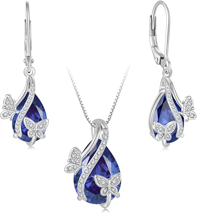 Butterfly Jewelry Sets for Women 925 Sterling Silver Birthstone Tanzanite Earrings and Necklace Set