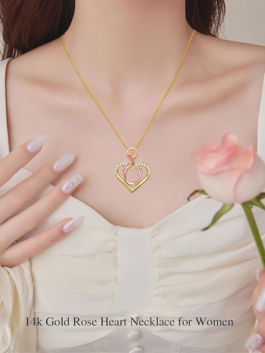 14K Solid Gold Rose Flower/Sunflower Necklaces for Women Flower Heart Pendant Necklace Love Sunshine Jewelry Anniversary Valentine's Day Birthday GiftS for Women Wife Girlfriend Her Mom