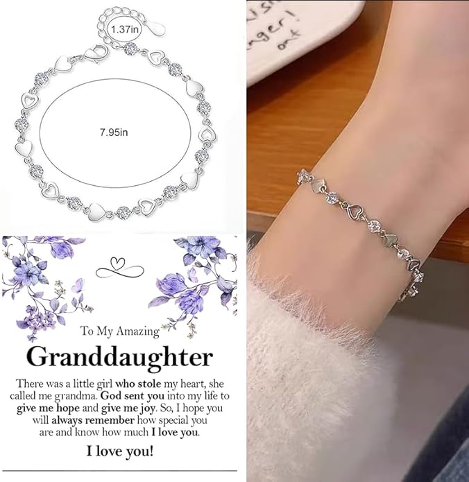 To My Granddaughter Bracelet from Grandma and Grandpa, Heart Chain Bracelet with Shiny Stones, Perfect Birthday or Graduation Christmas Gift for Granddaughter with Message Card and Gift Box