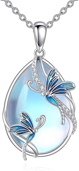 KQF Dragonfly/Butterlfy/Cat/Jellyfish/Bunny/Axolotl/Bee/Mermaid/Hummingbird/Elephant Necklace for Women Sterling Silver Moonstone Pendant Necklace Dragonfly Jewelry Gifts for Women