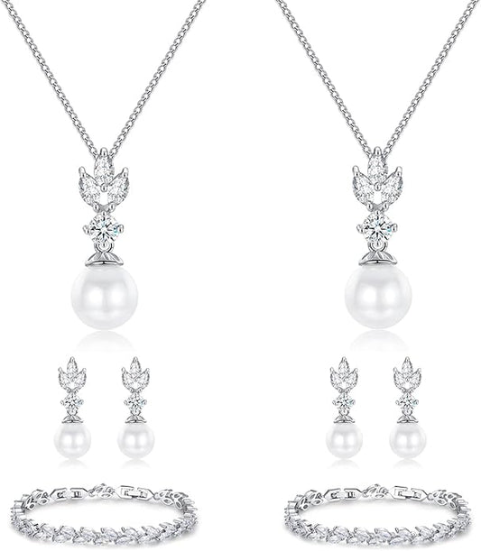 Wedding Jewelry for Bride Bridesmaid, Pearl Dangle Earrings and Pendant Necklace Set Bridal Jewelry for Promise Wedding Party