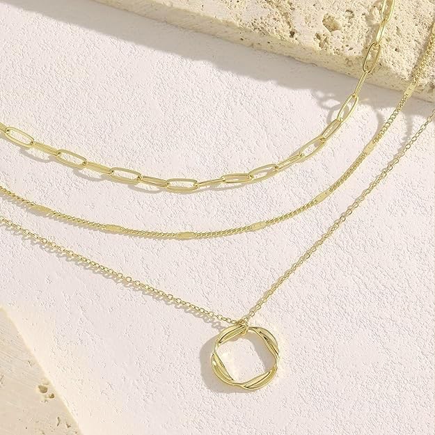 Evabelle Gold Layered Necklace for Women Trendy Jewelry 14K Real Gold Plated Chunky Chain Stackable Necklaces Dainty Choker Necklaces Rectangle Square Pendant