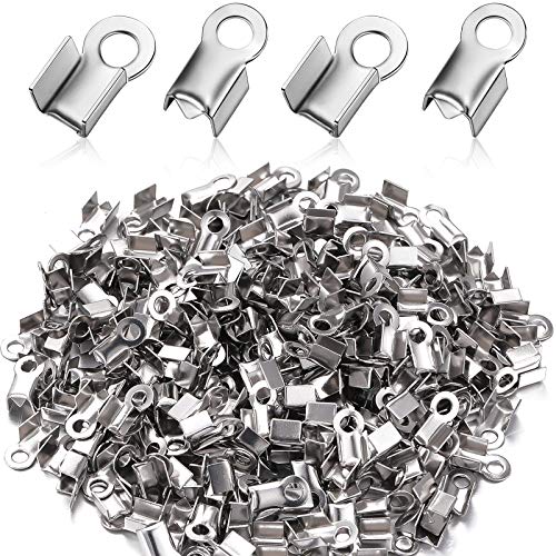 Syhood 100 Pieces 304 Stainless Steel Fold Over Cord Ends Cord Crimp Tips Fold-Over End Caps Leather Ribbon Clasp Tips Jewelry Connector for Jewelry Making, 3 x 8 mm