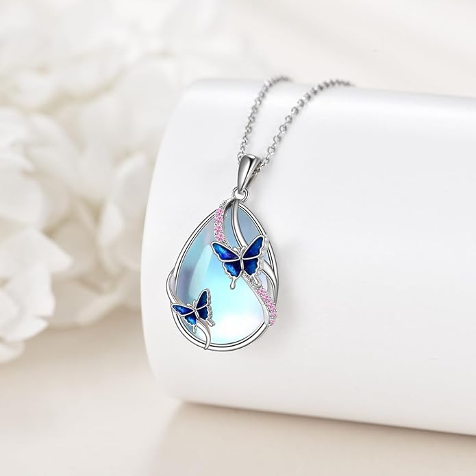 KQF Dragonfly/Butterlfy/Cat/Jellyfish/Bunny/Axolotl/Bee/Mermaid/Hummingbird/Elephant Necklace for Women Sterling Silver Moonstone Pendant Necklace Dragonfly Jewelry Gifts for Women
