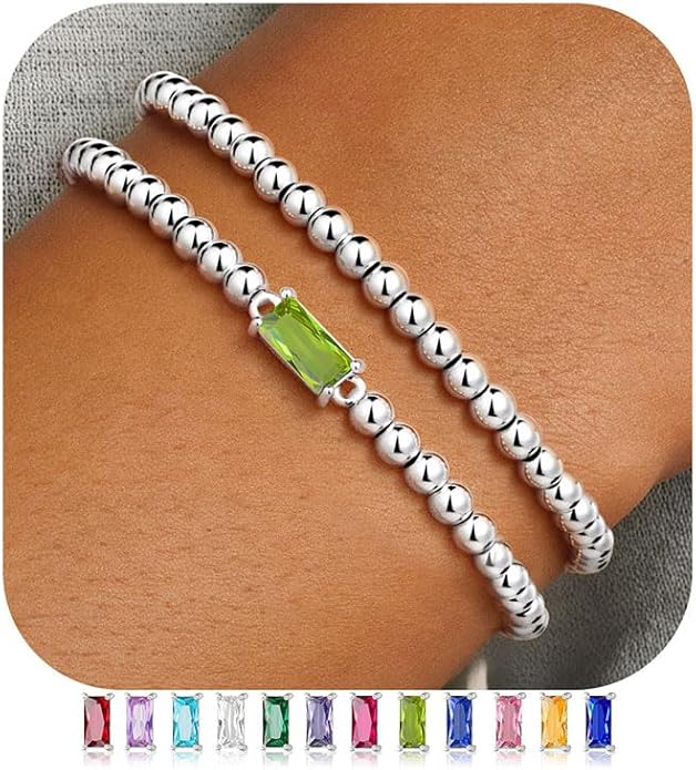 Ursteel Valentines Gifts for Her Kids Girls, Elastic Birthstone Bracelet for Women 14K-Gold-Plated Beaded Bracelet Non Tarnish Trendy Birthstone Jewelry Birthday Gifts for Women