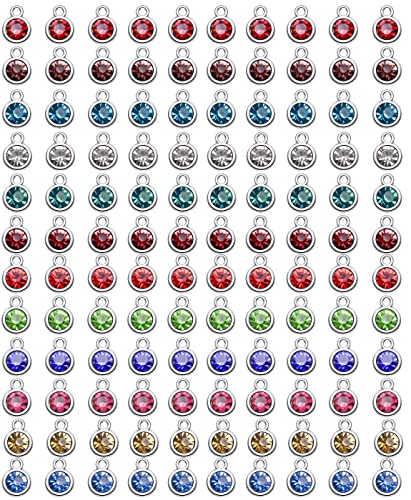 BetterJonny 120 Pieces Crystal Birthstone Charms Beads, 12 Colors Round Crystal Charm with Rings Handmade Jewelry Pendants for Jewelry Necklace Bracelet Earring Making - color: （#A）Silver Round