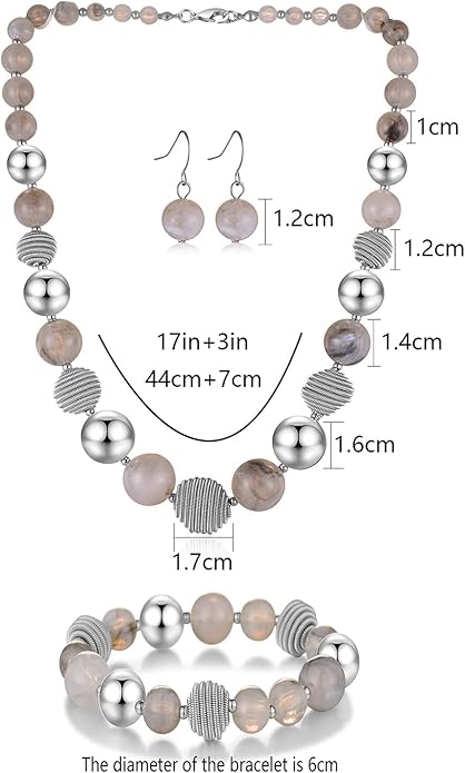 PEARL&CLUB Beaded Chunky Statement Necklace Earring and Bracelet Set Silver Metal Bead Fashion Jewelry Set Mothers’ Day Gifts for Women