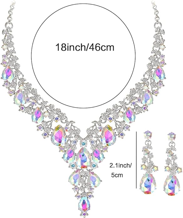 Bridal Bridesmaid Austrian Crystal Jewelry Set, Floarl rhinestone Statement Neckace Teardrop Necklace Drop Dangle Earrings Set