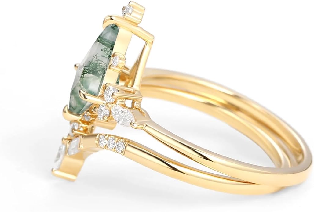 Natural Moss Agate Bridal Ring Set for Women 1CT Kite-cut Moss Agate Engagement Ring Set 925 Sterling Silver 10K 14K 18K Gold Classic Wedding Ring Set