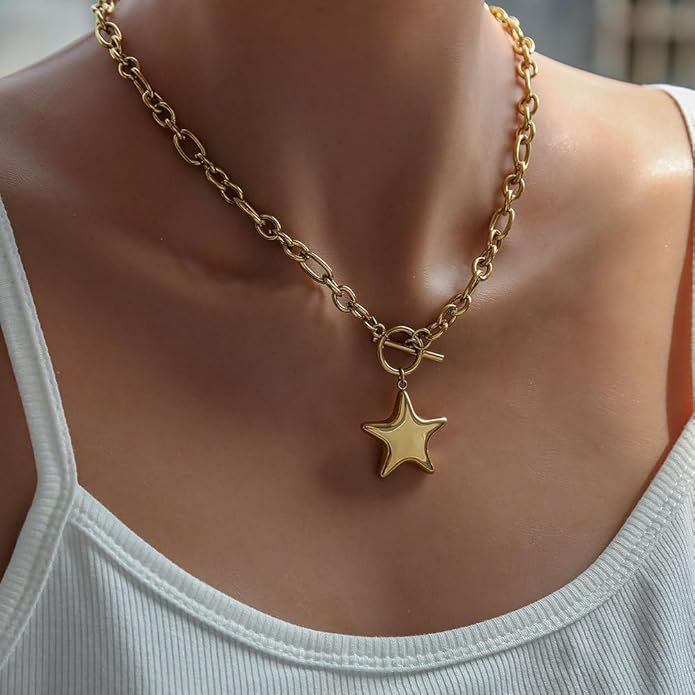 Large Star Necklace Chunky Gold Necklace for Women Trendy Silver Big Statement Necklaces Bold Thick Paperclip Necklaces OT Toggle Chunky Jewelry Holiday Christmas Jewelry Gifts Stocking Stuffers