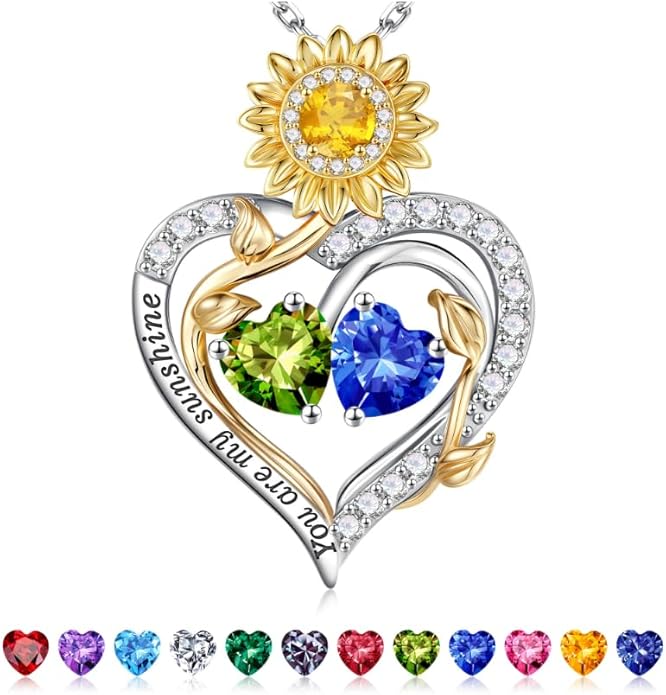 Iefil Valentines Day Gifts for Her - 925 Sterling Silver Sunflower Double Birthstone Necklace for Women, Anniversary Birthday Gifts for Wife, You Are My Sunshine Necklaces, Jewelry for Wife Mom