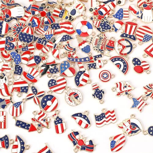 MARFOREVER Patriotic 4th of July Charms, 120 Pcs Independence Day Red White Blue Jewelry Making Charms American Flag Memorial Day Enamel Pendants for Bracelets Necklaces Earrings Craft - style: Patriotic