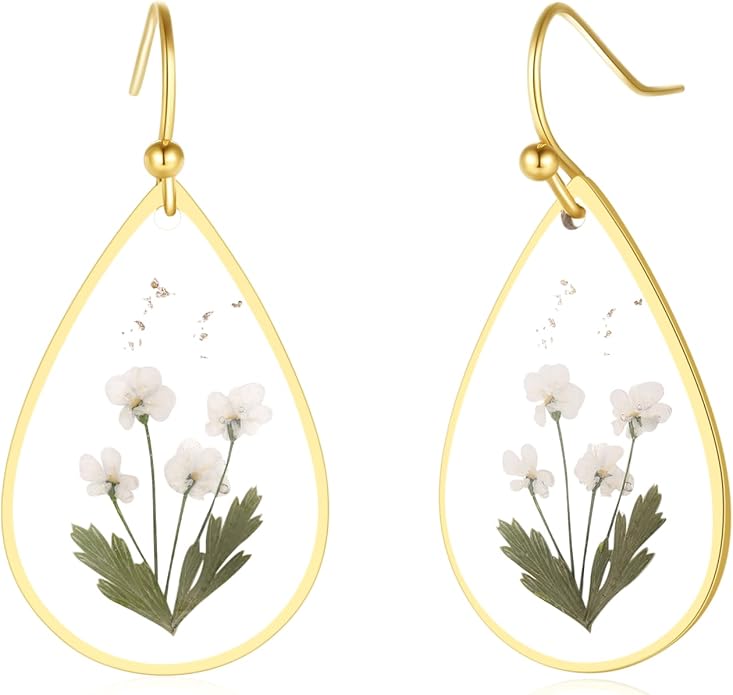 Forget-Me-Not and Queen Anne's Lace Pressed Wildflower Earrings | Pressed Flower Earrings | Handmade Drop and Dangle Earrings | Gift for Woman