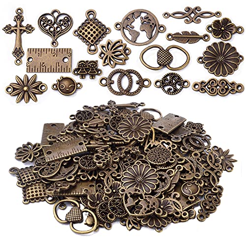 BronaGrand Connector Charms, 100g Craft Supplies, Antique Bronze, Heart, Cross, Flower, Ruler Shapes, Jewelry Making - color: Antique Bronze
