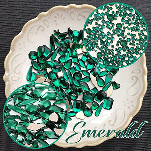 qiipii 4080Pcs Emerald Green Nail Rhinestones K9 Glass Crystal Flat Back Rhinestones Nail Charms Stones Multi Shapes Big Gems Round Beads Nail Art Diamonds jewels for Nails Face Eyes Makeup Crafts DIY - color: Emerald Green, size: A Set