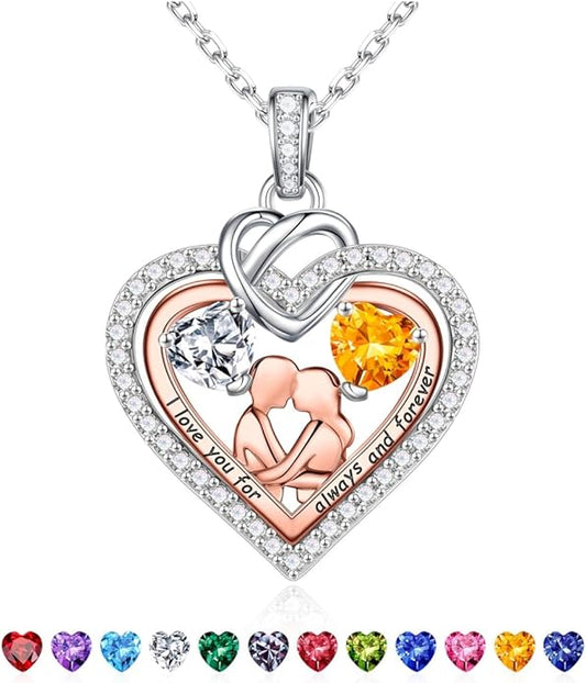 Iefil Valentines Day Gifts for Her - 925 Sterling Silver Double Heart Birthstone Necklace for Women, Anniversary Birthday Gifts for Wife I Love You Gift Couple Sitting Hugging Each Other Jewelry Gift