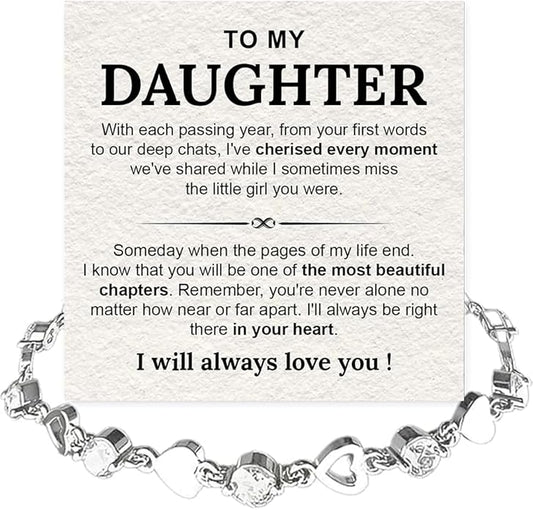 To My Daughter Bracelet, Silver Heart Chain Bracelet with Shiny Stones, Perfect Birthday or Graduation Christmas Gift for Daughter with Message Card and Gift Box