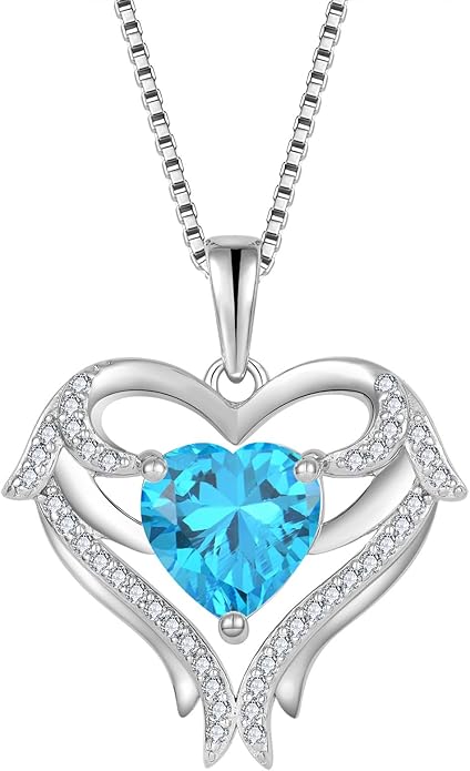 FJ Heart Angel Wings Pendant Necklace 925 Sterling Silver Birthstone Jewelry Gifts for Women