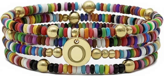 Set of 4 Colorful Bead Initial Bracelets, Personalized Stackable Jewelry, Adjustable Stretchy Charm Bracelets for Women, Beaded Bracelet Set, Trendy Custom Jewelry Gift