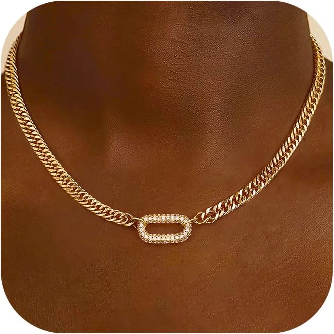 Gold Necklace for Women - Chunky 14K Gold Plated Chain Necklace Cuban Link Paperclip Chain Herringbone Statement Choker Necklace for Women Simple Trendy Jewelry Gifts