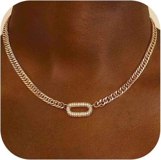 Gold Necklace for Women - Chunky 14K Gold Plated Chain Necklace Cuban Link Paperclip Chain Herringbone Statement Choker Necklace for Women Simple Trendy Jewelry Gifts