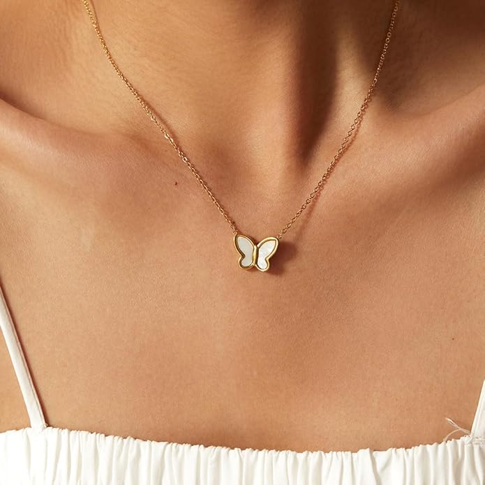IBARA Women Gold Dianty Necklace Sun Crescent Moon Star Evil Eye Lock Lovely Heart Flower Butterfly Pearl Pendant Coin Necklaces 18K Gold CZ Diamond Filled Chain Boho Beach Simple Handmade Jewelry