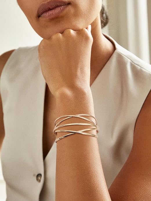 Multi-layer Cuff Bracelet for Women Cross Wire Bracelets Open Wide Cuff Gold Bangle Bracelet