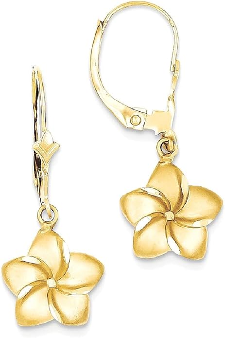 14K Yellow Gold Plumeria Drop Dangle Earrings for Women Flower Motif Lever Back Solid Small Fine Jewelry Gift Floral Nature