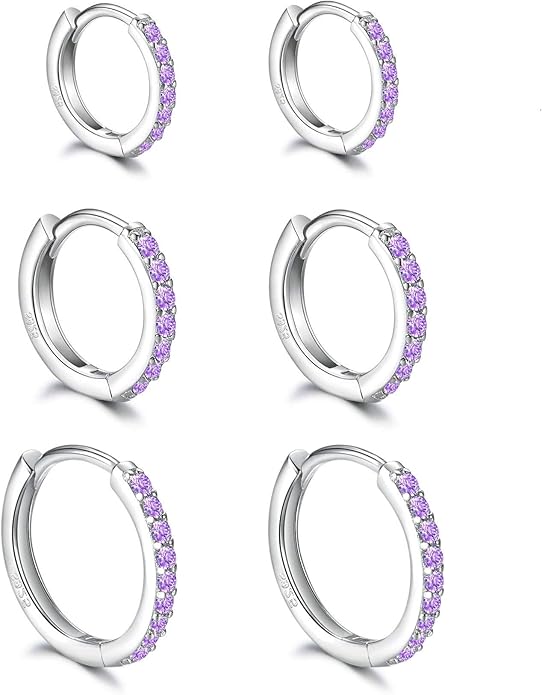 925 Sterling Silver Small Hoop Earrings Cubic Zirconia Huggie Hoop Earrings, 3 Pairs 14K White Gold Plated Cartilage Piercing Earrings Ear Cuff Tiny Hoop Earrings for Women Men