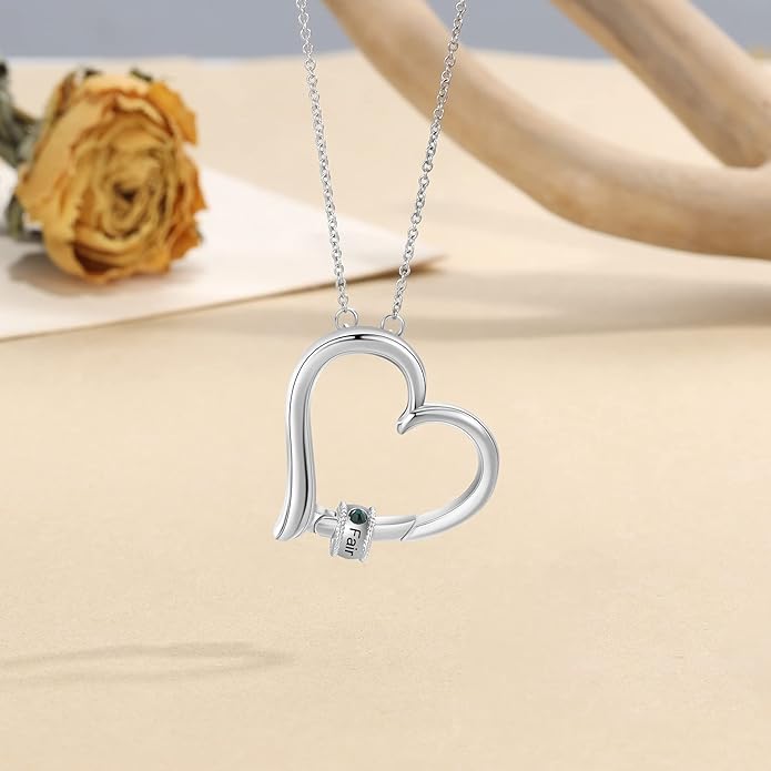 Personalized Women's Pendant Necklace 925 Sterling Silver with 1-5 Simulated Birthstone Names Customized Heart Shape Cubic Zirconia Necklace