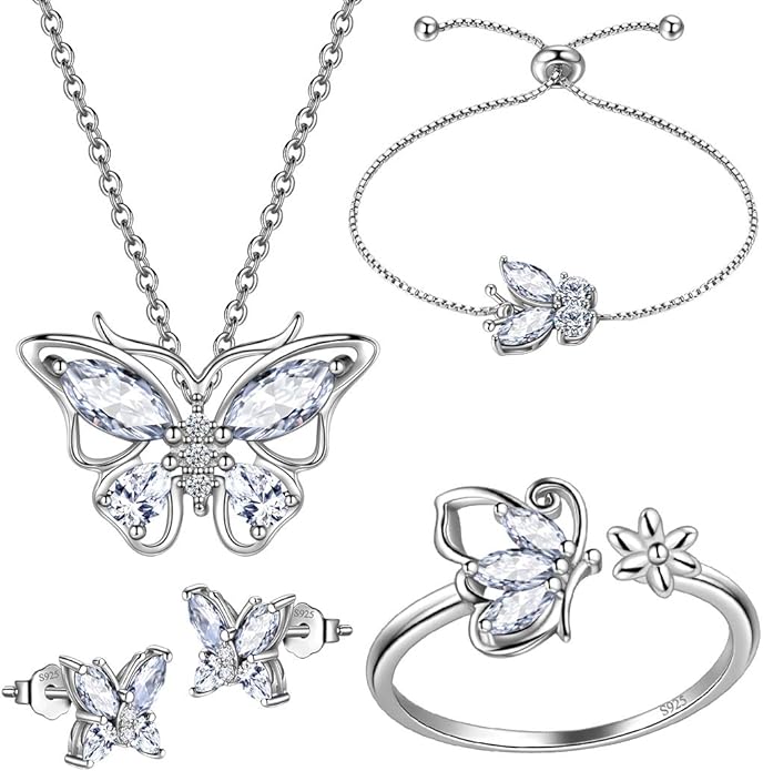 925 Sterling Silver Birthstone Butterfly Jewelry Women Crystal Animal Cute Butterflies Birthday Necklace/Earring/Ring/Bracelet Sets Birth Stone Statement Anniversary Jewellery