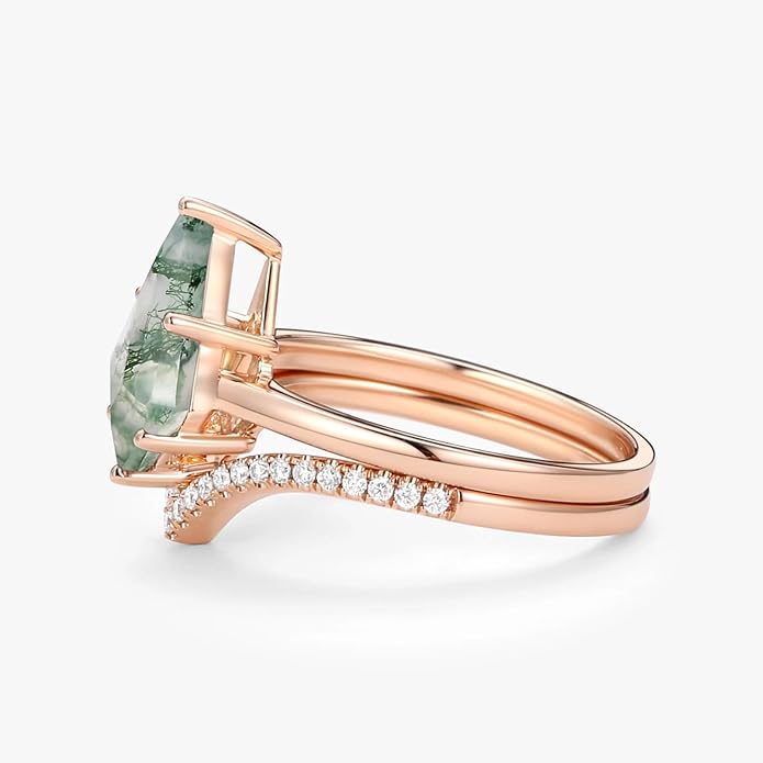Natural Moss Agate Bridal Ring Set for Women 1CT Kite-cut Moss Agate Engagement Ring Set 925 Sterling Silver 10K 14K 18K Gold Classic Wedding Ring Set