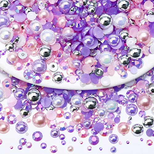60g Mix Pearls and Rhinestones for Crafts, 2mm-10mm Flatback for Tumblers Shoes Nails Face Art, Bedazzling Half Pearls and Jelly Rhinestones, Pink|Purple|White - color: Pink Fairytale Blend | Mix Pink | Purple | White
